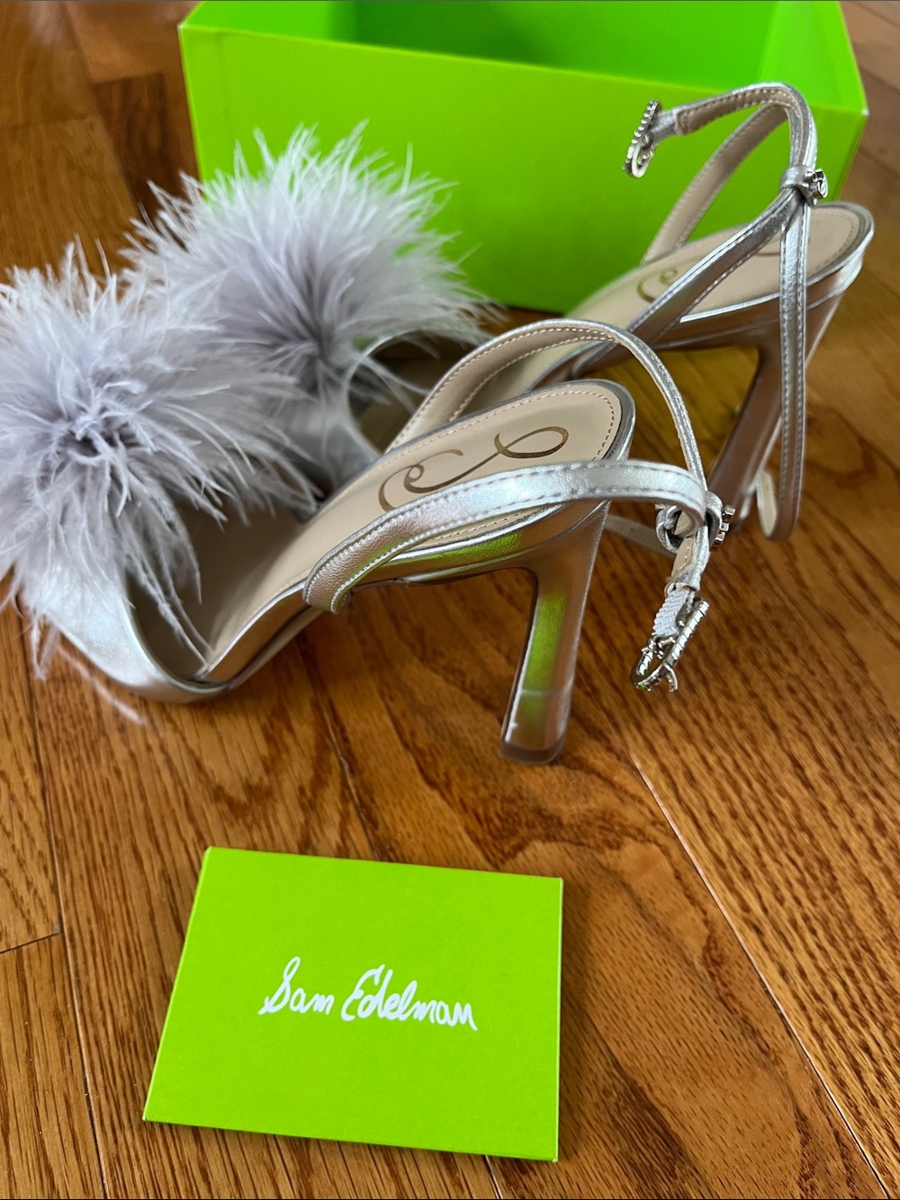 Sam Edelman Metallic Silver Feather Pom-Pom Slingback Heels - Picture 5 of 7